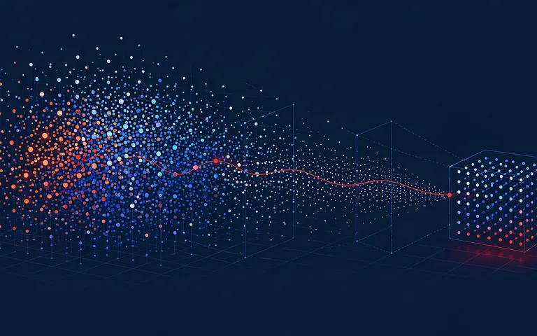 Abstract visualization of vector quantization: dense floating points compressing into a compact structured form